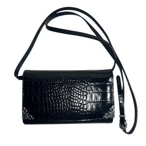 BRIGHTON Black Croc Leather Flap Crossbody Clutch Organizer Wallet Handbag Purse